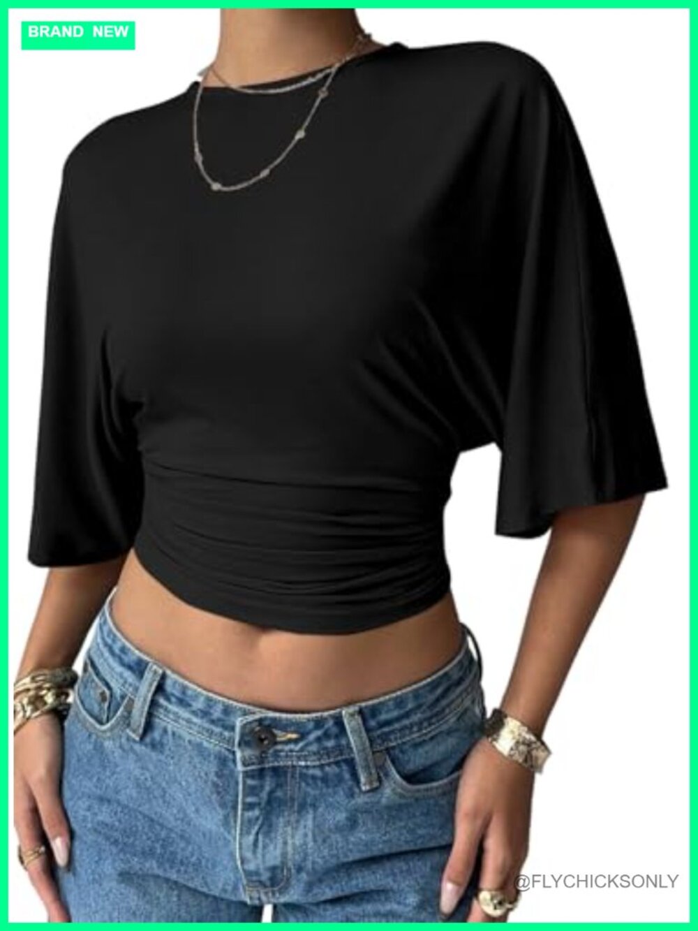 Womens Half Sleeve Ruched Crop Top Crew Neck Slim Fit Summer Shirt